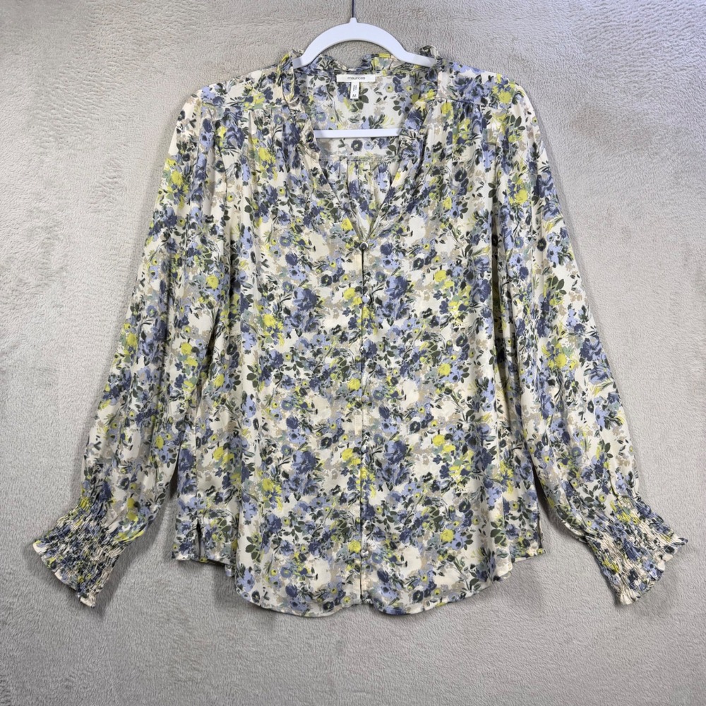 Maurices Blouse Womens M Blue Yellow Floral Romantic Smocked Ruffle V-Neck Top